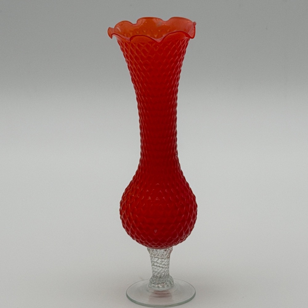 Murano Red Bullicante Diamond Point Glass‎ Vase Ruffled Rim Twisted Stem Italy